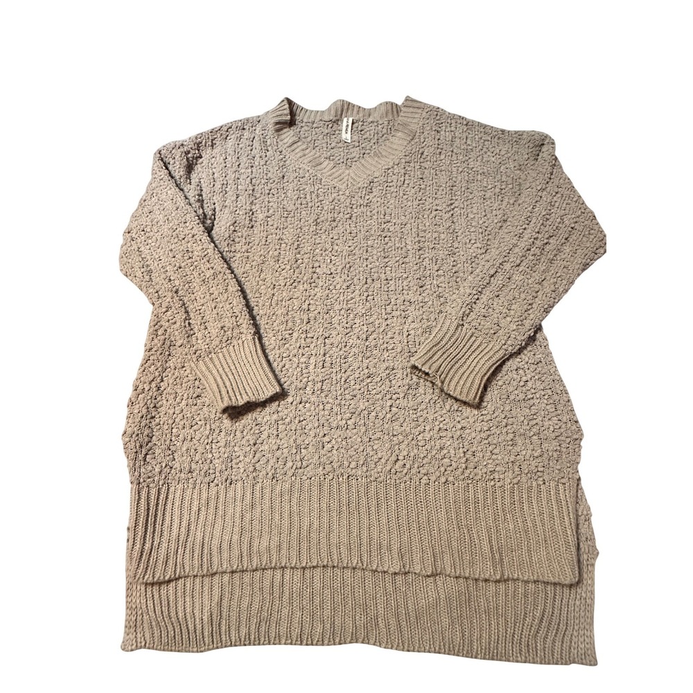 Zenana Premium Women Popcorn Knit V Neck Sweater Taupe Tan Large High Low Hem
